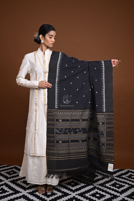 Krasha - Black Handwoven Cotton Sambalpuri Ikat Dupatta