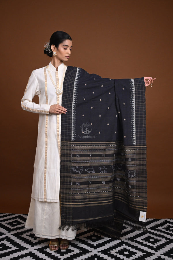 Krasha - Black Handwoven Cotton Sambalpuri Ikat Dupatta-Rutambhara-RUTAMBHARA