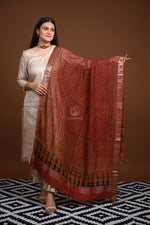 Ushraa -Rust Orange Handblock printed Ajrakh Mangalgiri Dupatta-Rutambhara-RUTAMBHARA