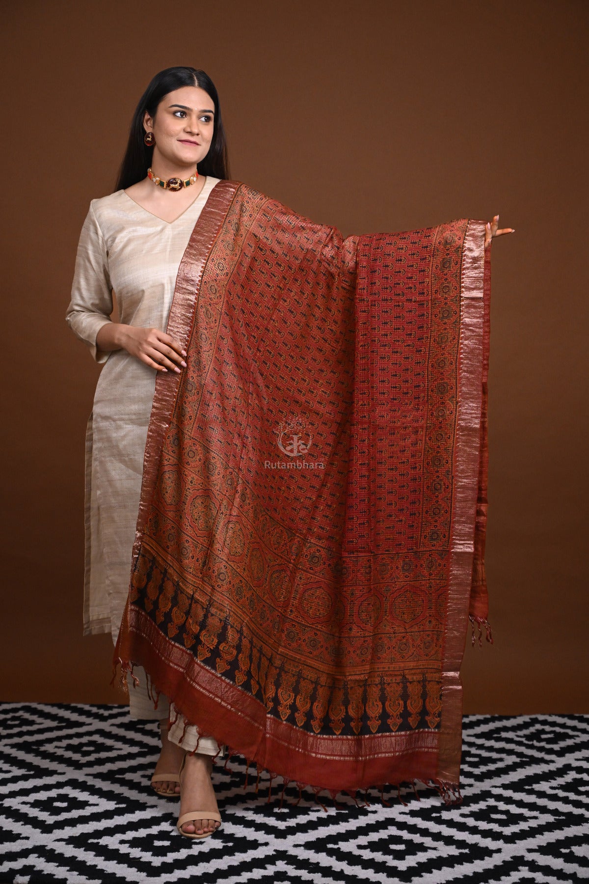 Ushraa -Rust Orange Handblock printed Ajrakh Mangalgiri Dupatta-Rutambhara-RUTAMBHARA