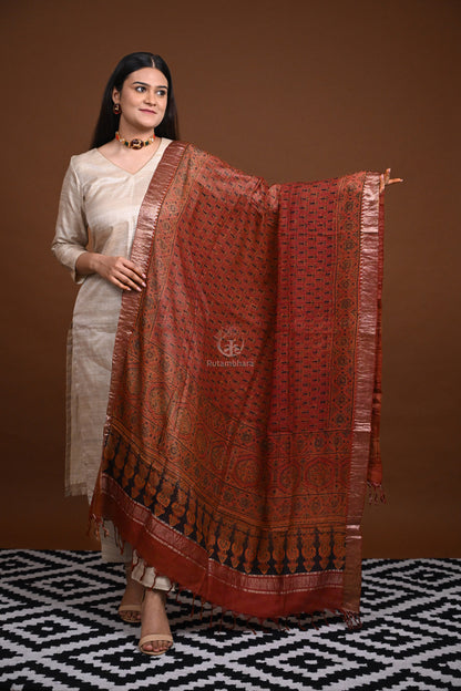 Ushraa -Rust Orange Handblock printed Ajrakh Mangalgiri Dupatta-Rutambhara-RUTAMBHARA