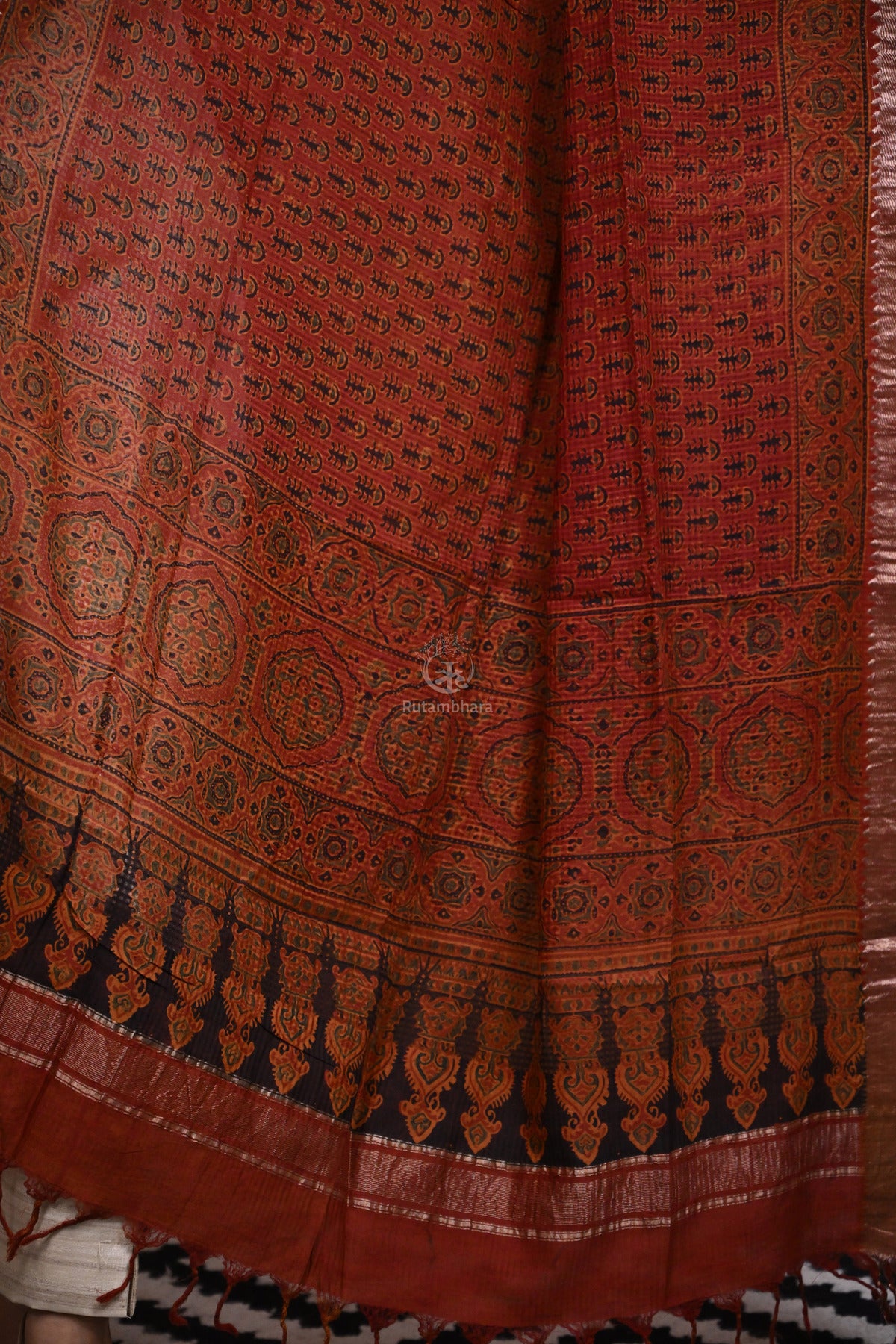 Ushraa -Rust Orange Handblock printed Ajrakh Mangalgiri Dupatta-Rutambhara-RUTAMBHARA