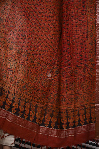 Ushraa -Rust Orange Handblock printed Ajrakh Mangalgiri Dupatta-Rutambhara-RUTAMBHARA