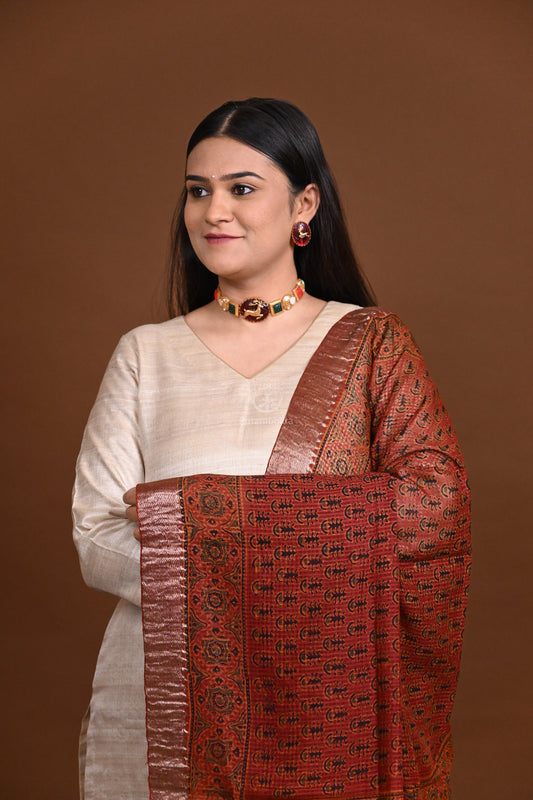 Ushraa -Rust Orange  Handblock printed  Ajrakh Mangalgiri Dupatta