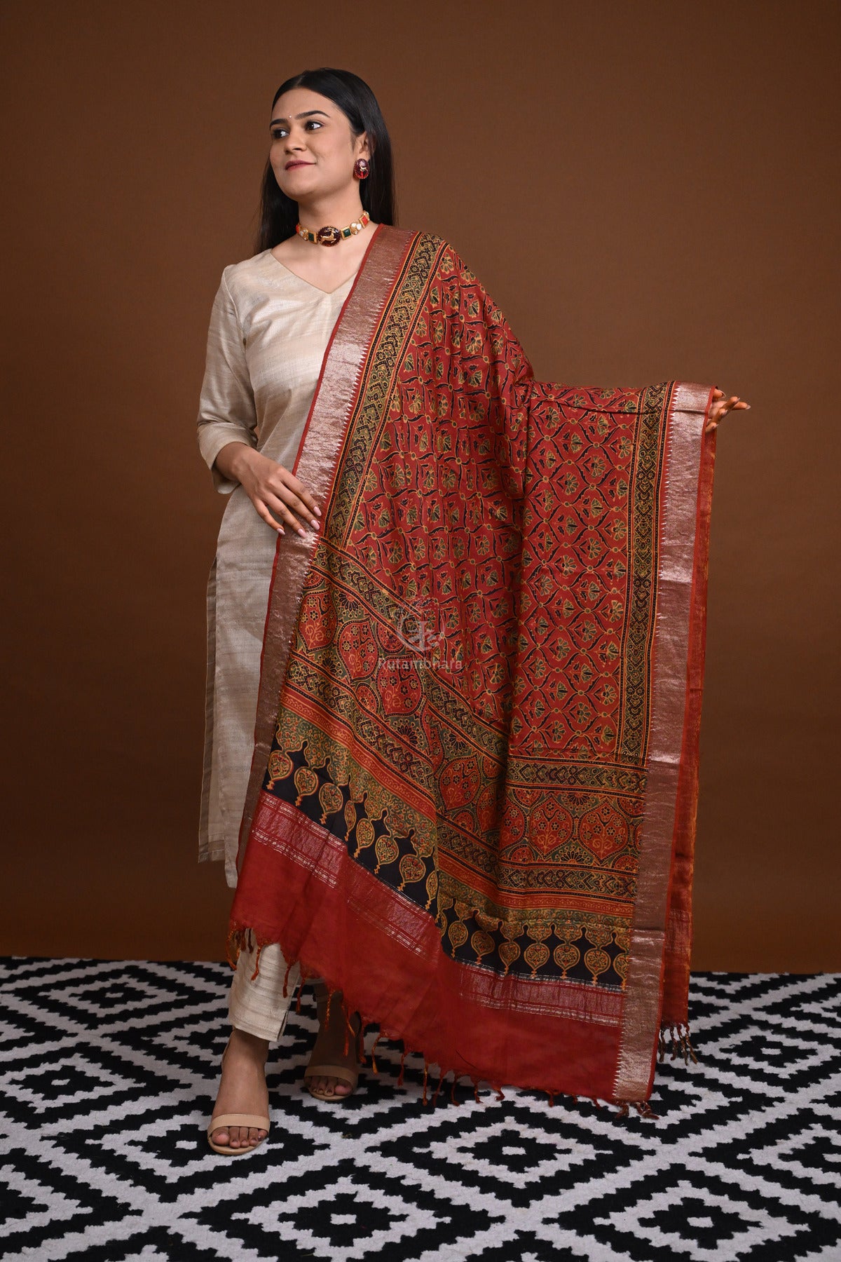 Ushraa - Light Rust Orange Handblock printed Ajrakh Mangalgiri Dupatta-Rutambhara-RUTAMBHARA
