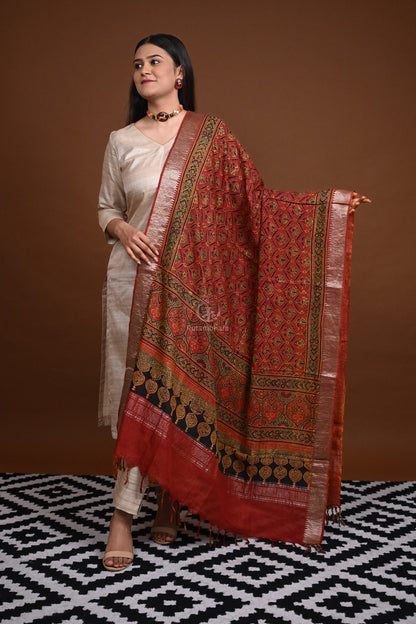 Ushraa - Light Rust Orange Handblock printed Ajrakh Mangalgiri Dupatta-Rutambhara-RUTAMBHARA