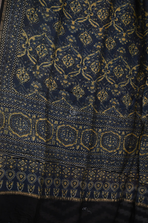 Ushraa - Blue Handblock printed Chanderi Ajrakh Dupatta-Rutambhara-RUTAMBHARA