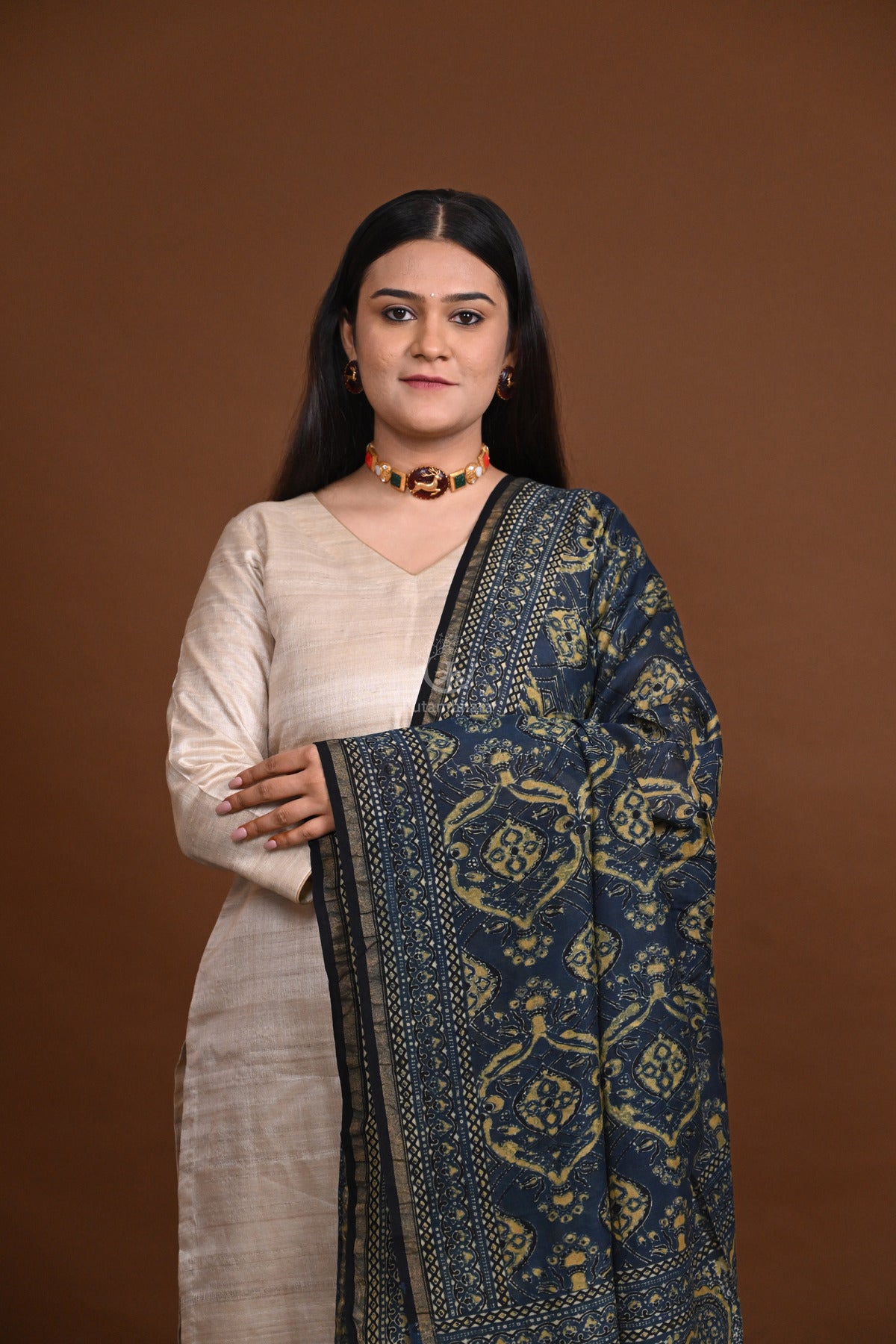 Ushraa - Blue Handblock printed Chanderi Ajrakh Dupatta-Rutambhara-RUTAMBHARA
