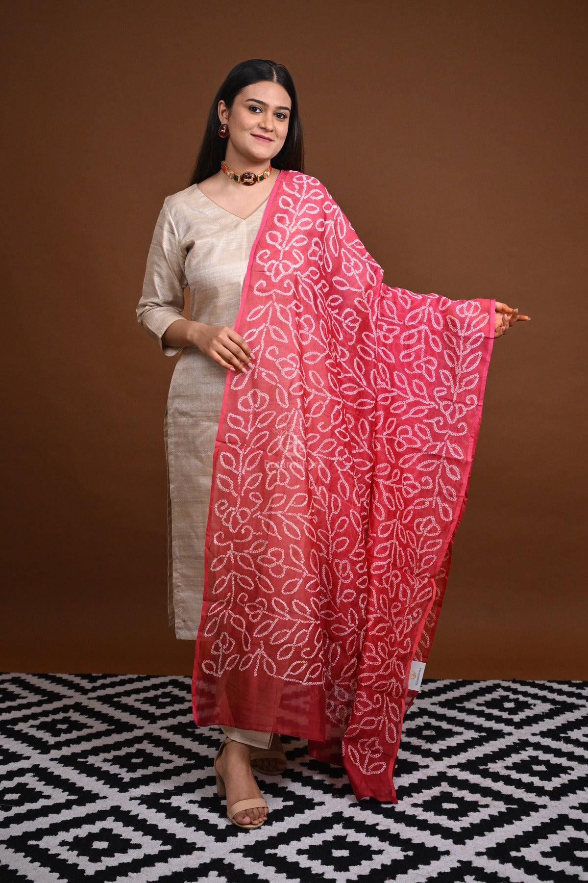 BUSHRA - RED PINK OMBRE CHANDERI RAI BANDHEJ DUPATTA-Rutambhara-RUTAMBHARA