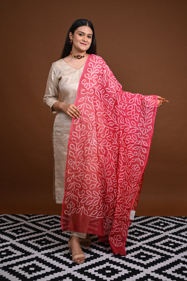 BUSHRA - RED PINK OMBRE CHANDERI RAI BANDHEJ DUPATTA-Rutambhara-RUTAMBHARA