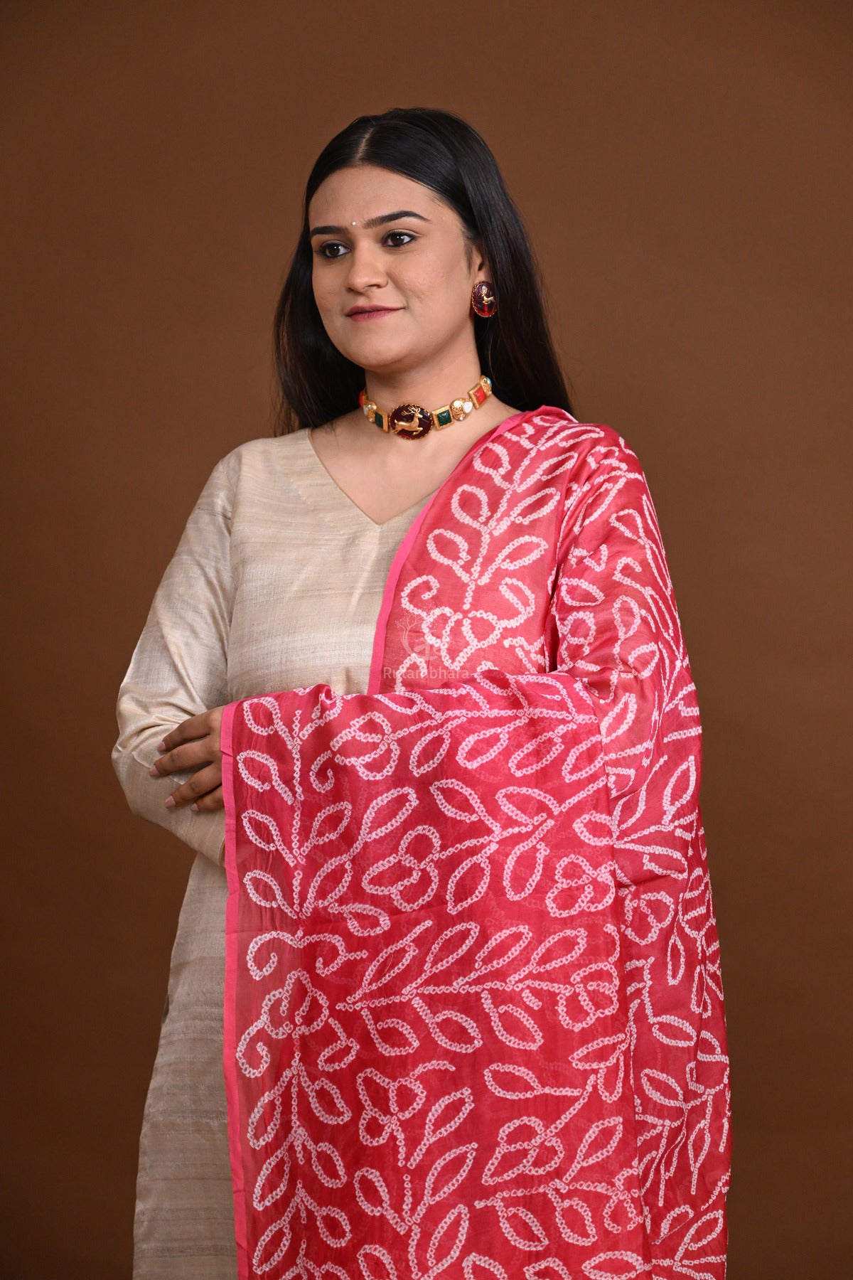 BUSHRA - RED PINK OMBRE CHANDERI RAI BANDHEJ DUPATTA-Rutambhara-RUTAMBHARA