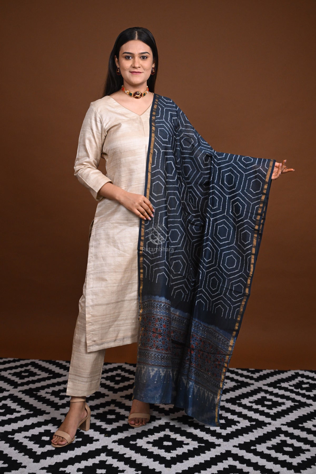 Rakbaa - Indigo Blue Ajrakh Rai Bandhej dupatta in Chanderi-Rutambhara-RUTAMBHARA