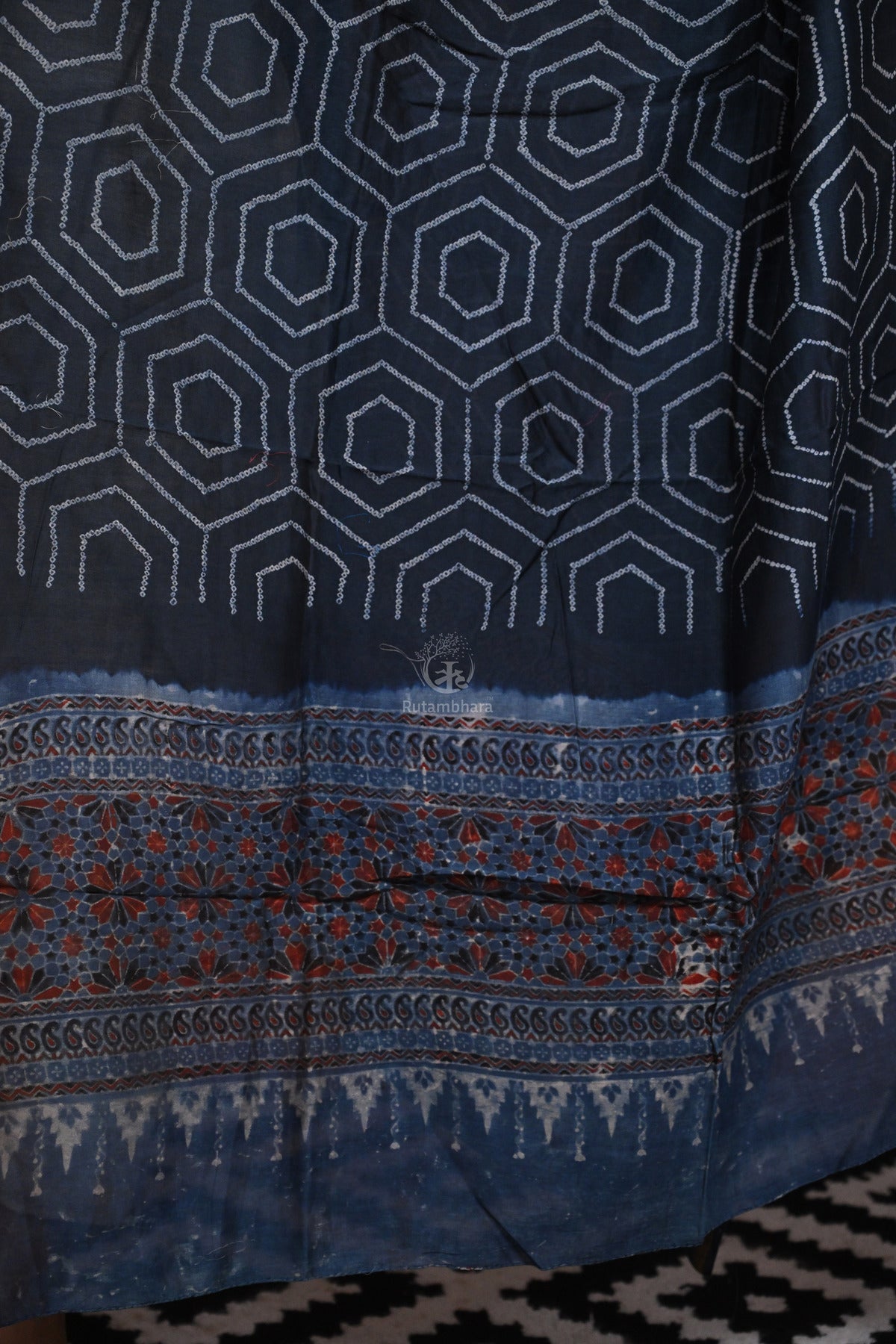 Rakbaa - Indigo Blue Ajrakh Rai Bandhej dupatta in Chanderi-Rutambhara-RUTAMBHARA
