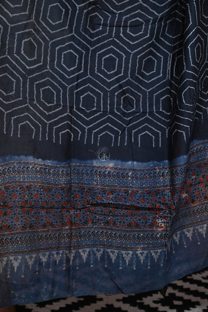 Rakbaa - Indigo Blue Ajrakh Rai Bandhej dupatta in Chanderi-Rutambhara-RUTAMBHARA