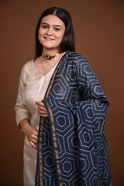 Rakbaa - Indigo Blue Ajrakh Rai Bandhej dupatta in Chanderi-Rutambhara-RUTAMBHARA