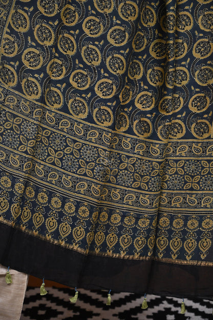 Ushraa - Blue Handblock printed Chanderi Ajrakh Dupatta-Rutambhara-RUTAMBHARA