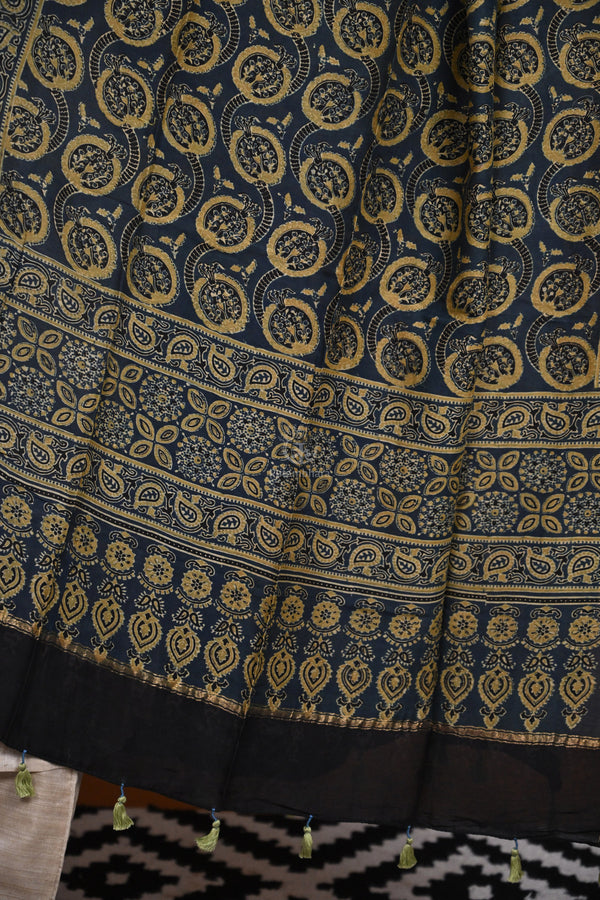 Ushraa - Blue Handblock printed Chanderi Ajrakh Dupatta-Rutambhara-RUTAMBHARA
