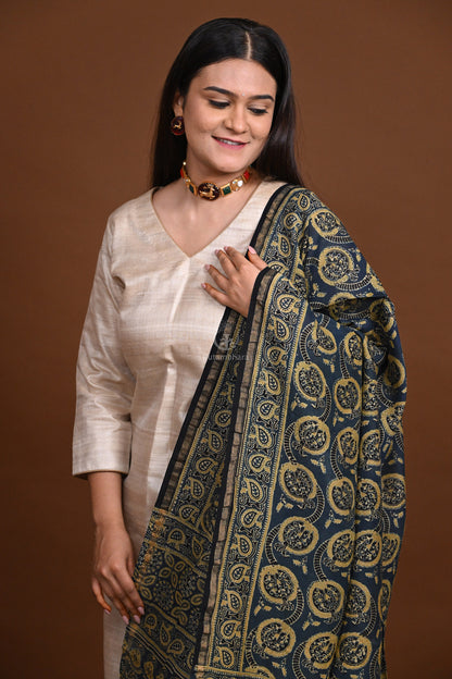 Ushraa - Blue Handblock printed Chanderi Ajrakh Dupatta-Rutambhara-RUTAMBHARA