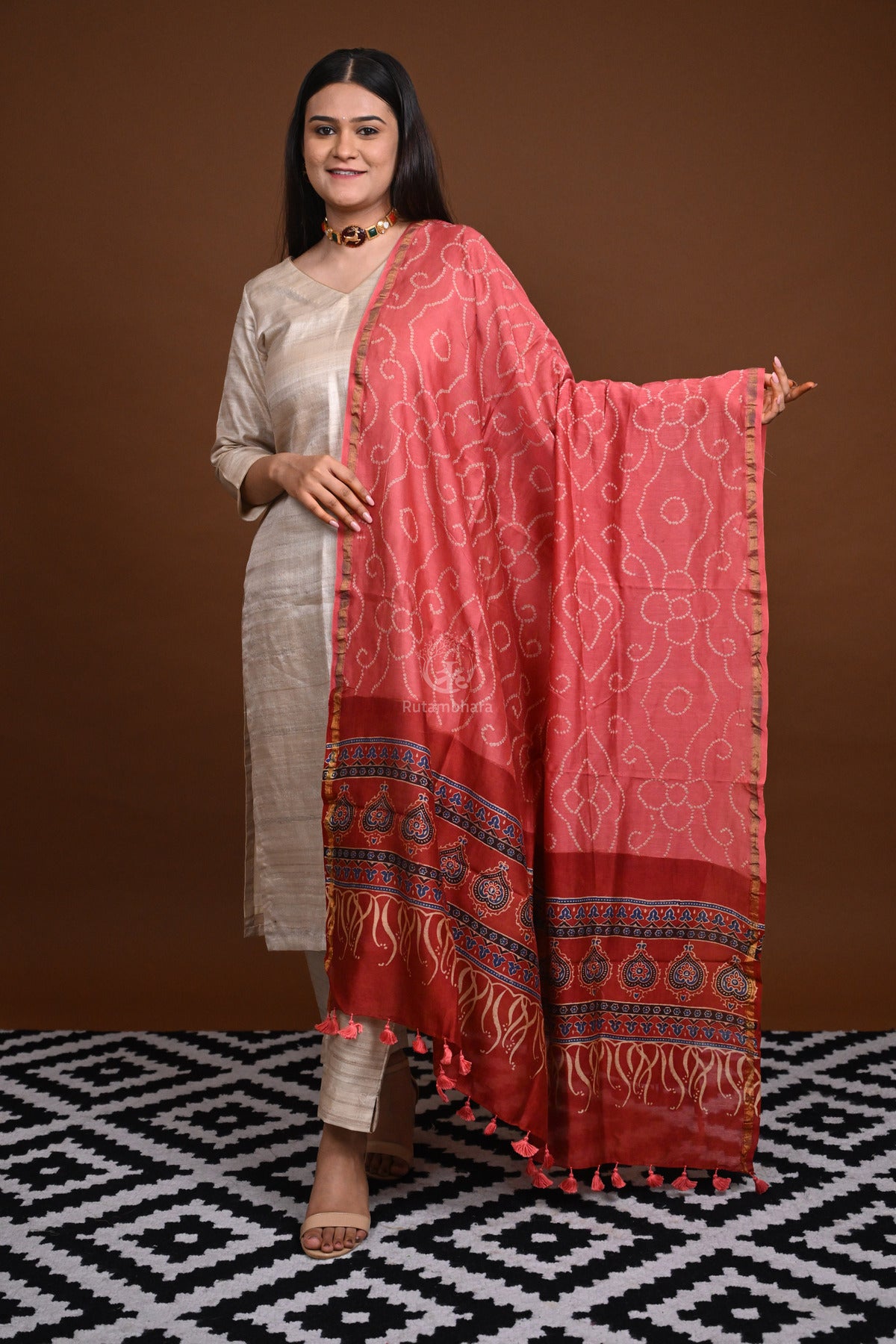 Rakbaa - Peach Red Ajrakh Rai Bandhej dupatta in Chanderi-Rutambhara-RUTAMBHARA