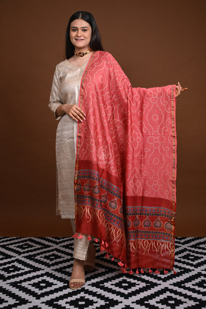 Rakbaa - Peach Red Ajrakh Rai Bandhej dupatta in Chanderi-Rutambhara-RUTAMBHARA