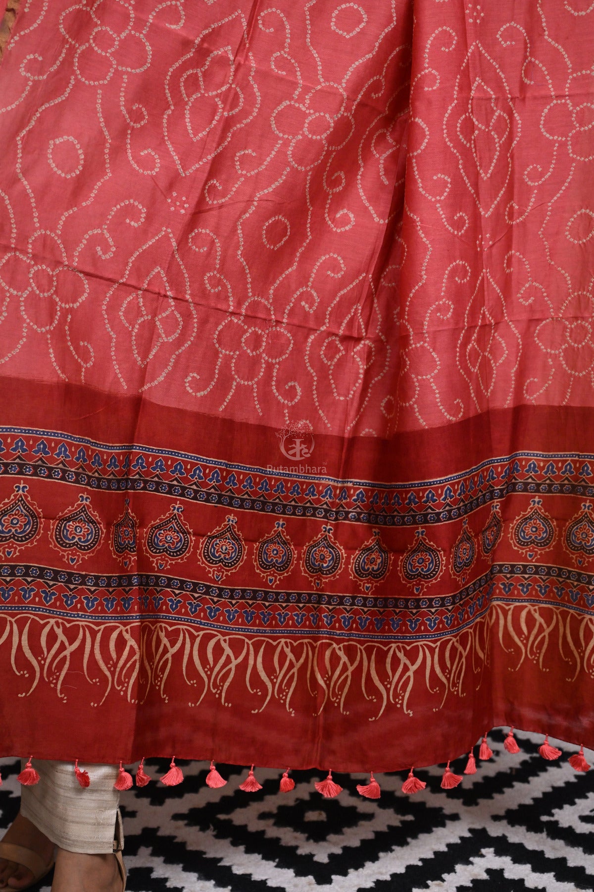 Rakbaa - Peach Red Ajrakh Rai Bandhej dupatta in Chanderi-Rutambhara-RUTAMBHARA