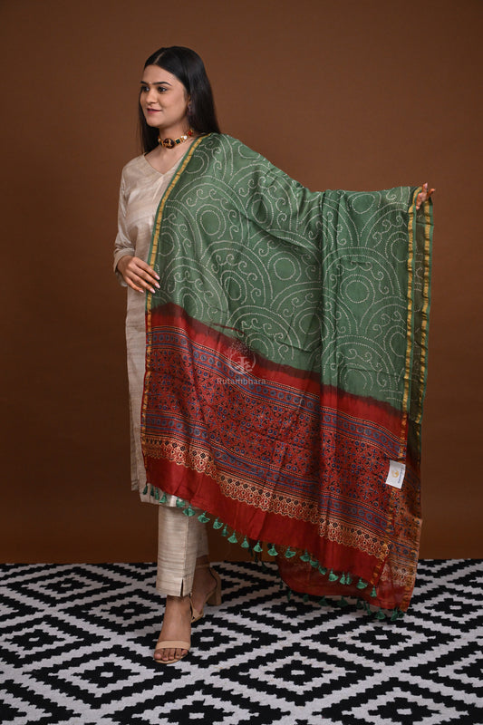 Rakbaa - Green Red Ajrakh Rai Bandhej dupatta in Chanderi.