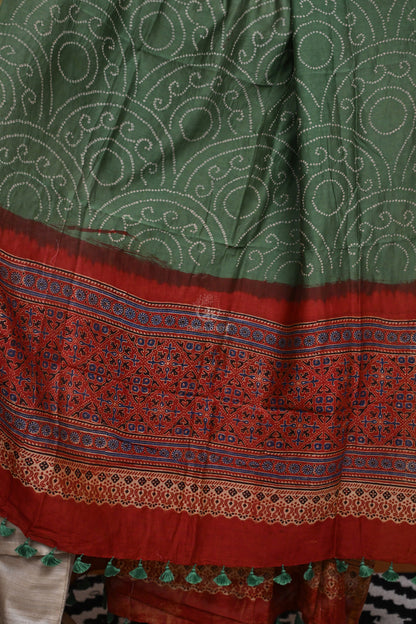Rakbaa - Green Red Ajrakh Rai Bandhej dupatta in Chanderi.-Rutambhara-RUTAMBHARA