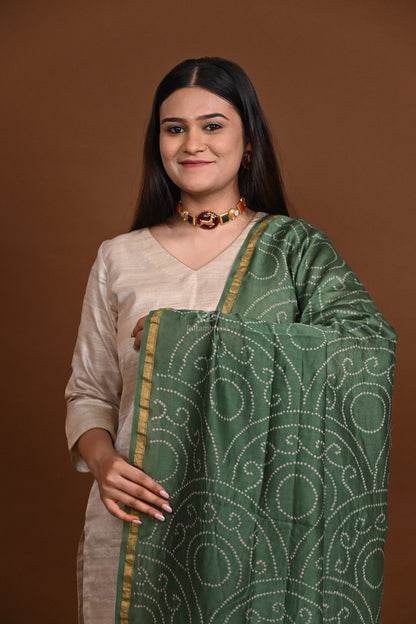 Rakbaa - Green Red Ajrakh Rai Bandhej dupatta in Chanderi.-Rutambhara-RUTAMBHARA