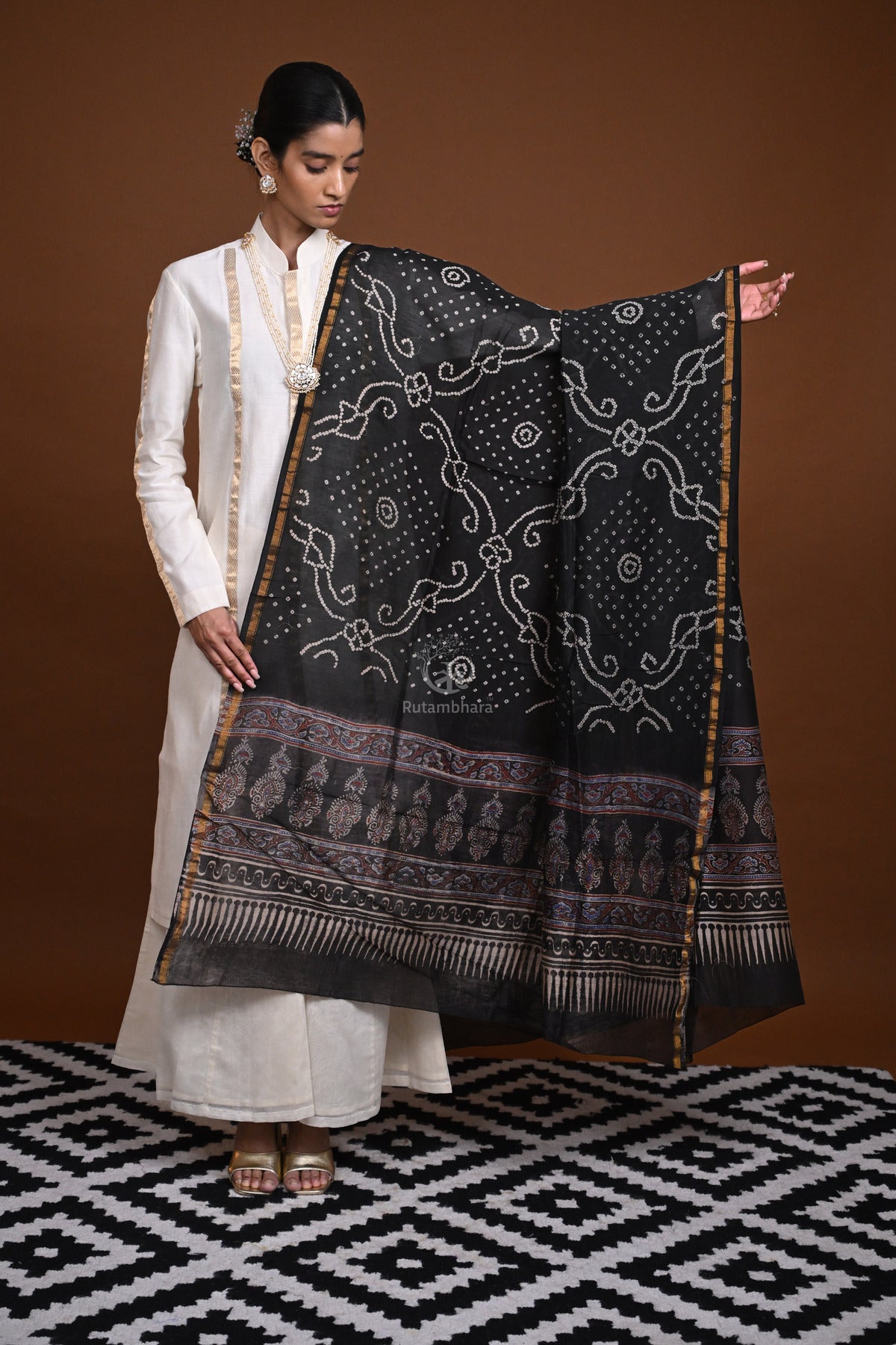 Rakbaa - Black Ajrakh Rai Bandhej dupatta in Chanderi-Rutambhara-RUTAMBHARA