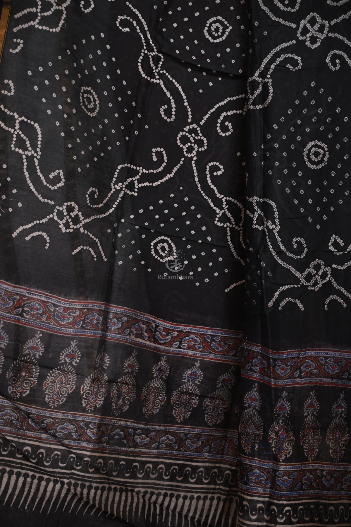 Rakbaa - Black Ajrakh Rai Bandhej dupatta in Chanderi-Rutambhara-RUTAMBHARA