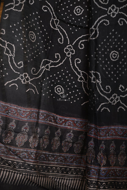 Rakbaa - Black Ajrakh Rai Bandhej dupatta in Chanderi-Rutambhara-RUTAMBHARA