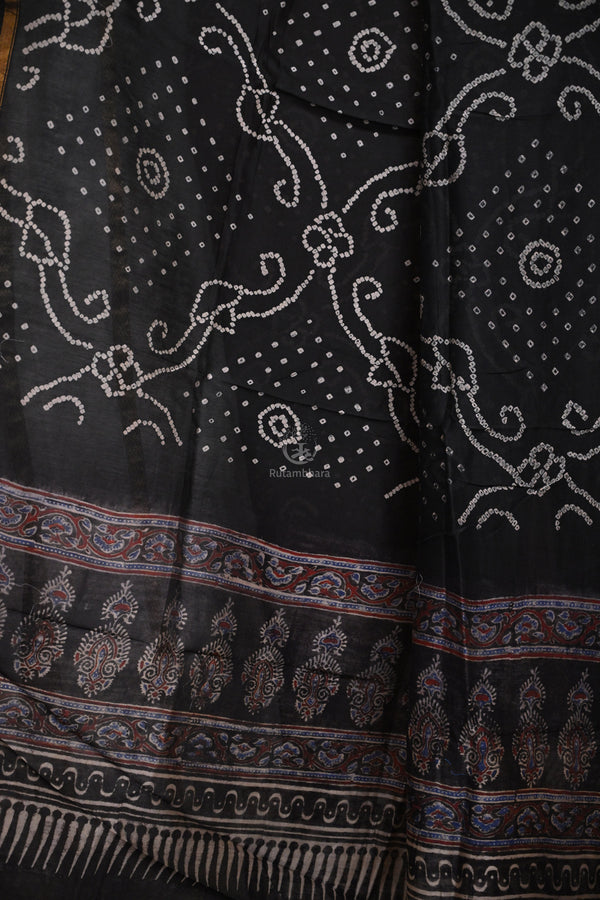 Rakbaa - Black Ajrakh Rai Bandhej dupatta in Chanderi-Rutambhara-RUTAMBHARA