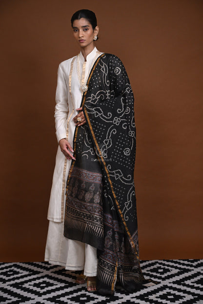 Rakbaa - Black Ajrakh Rai Bandhej dupatta in Chanderi-Rutambhara-RUTAMBHARA