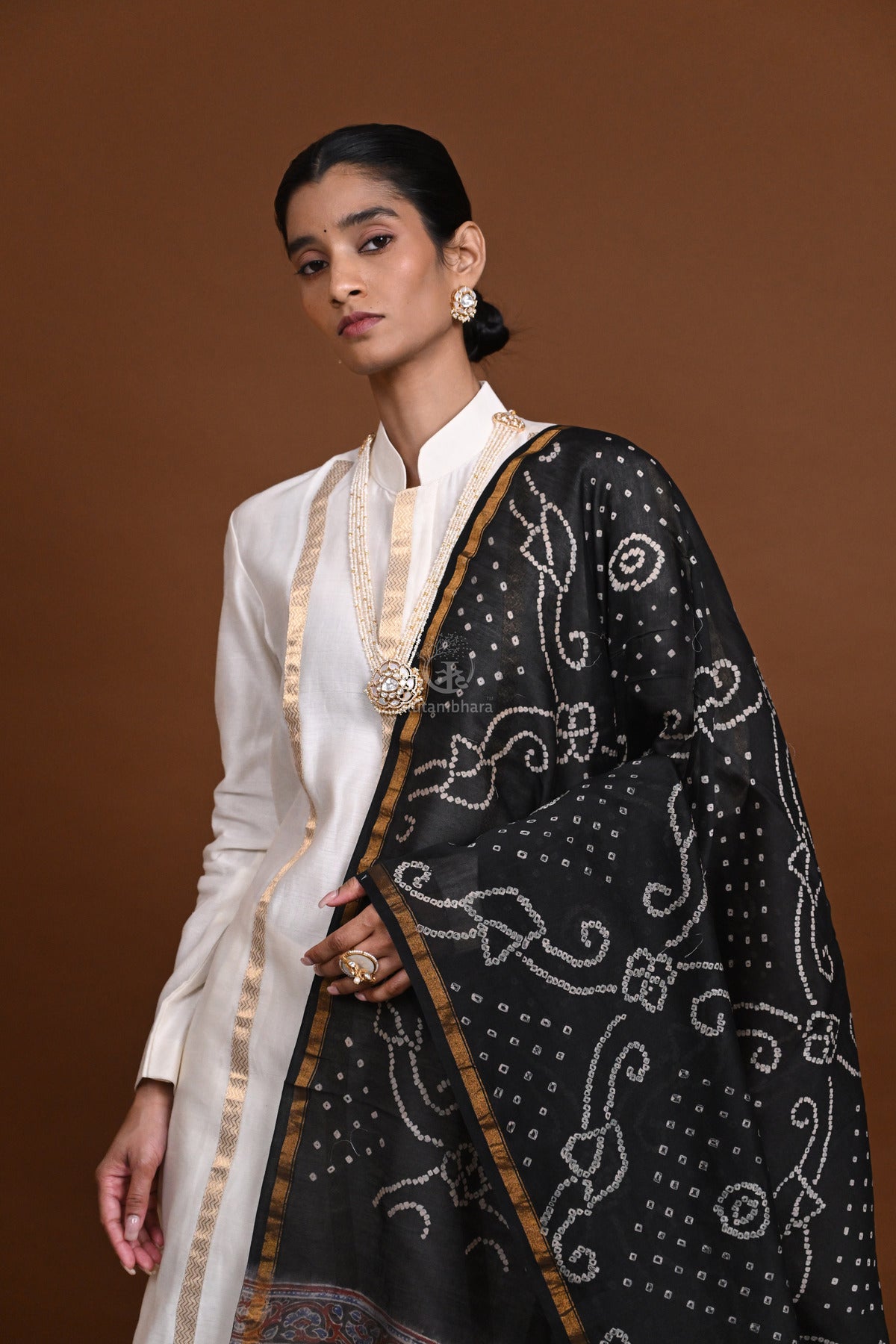 Rakbaa - Black Ajrakh Rai Bandhej dupatta in Chanderi-Rutambhara-RUTAMBHARA