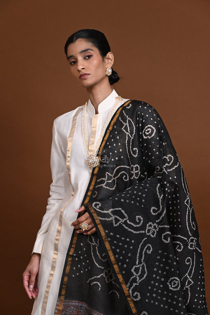Rakbaa - Black Ajrakh Rai Bandhej dupatta in Chanderi-Rutambhara-RUTAMBHARA