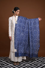 Bushra - Deep Blue Geometric Design Rai Bandhej Dupatta-Rutambhara-RUTAMBHARA