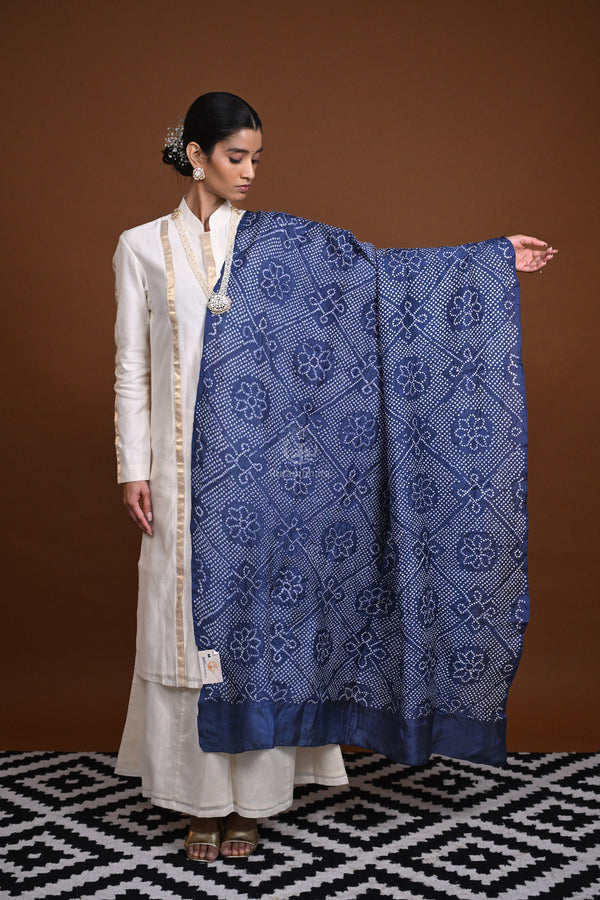 Bushra - Deep Blue Geometric Design Rai Bandhej Dupatta-Rutambhara-RUTAMBHARA