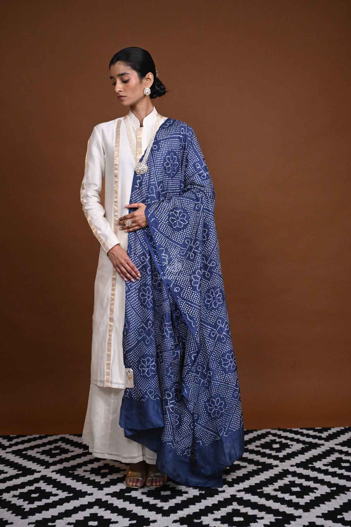 Bushra - Deep Blue Geometric Design Rai Bandhej Dupatta