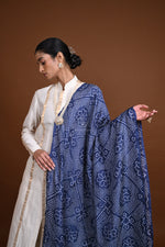 Bushra - Deep Blue Geometric Design Rai Bandhej Dupatta-Rutambhara-RUTAMBHARA