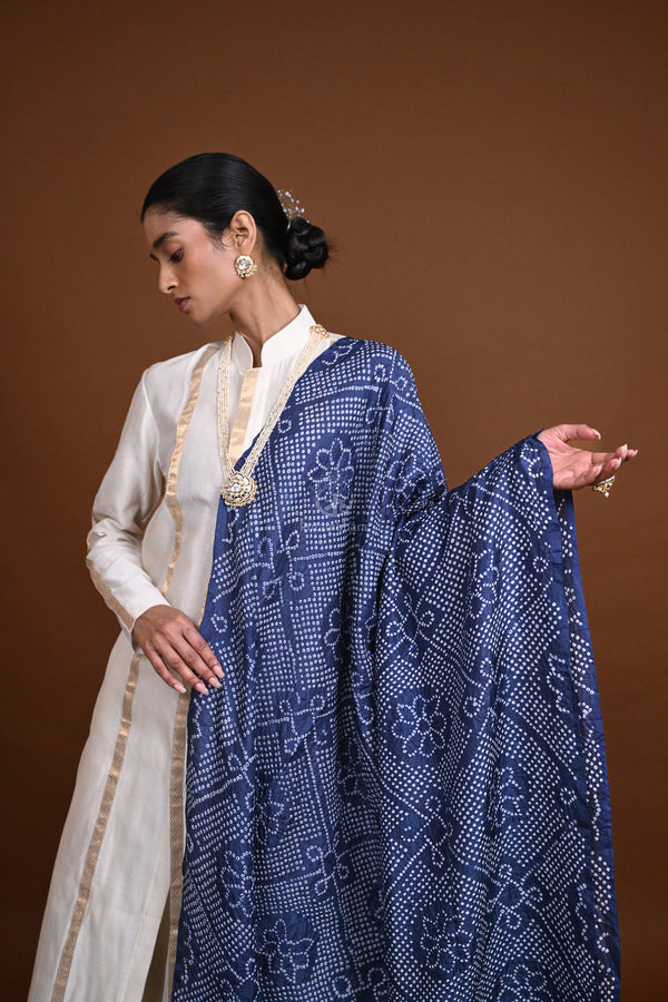 Bushra - Deep Blue Geometric Design Rai Bandhej Dupatta-Rutambhara-RUTAMBHARA