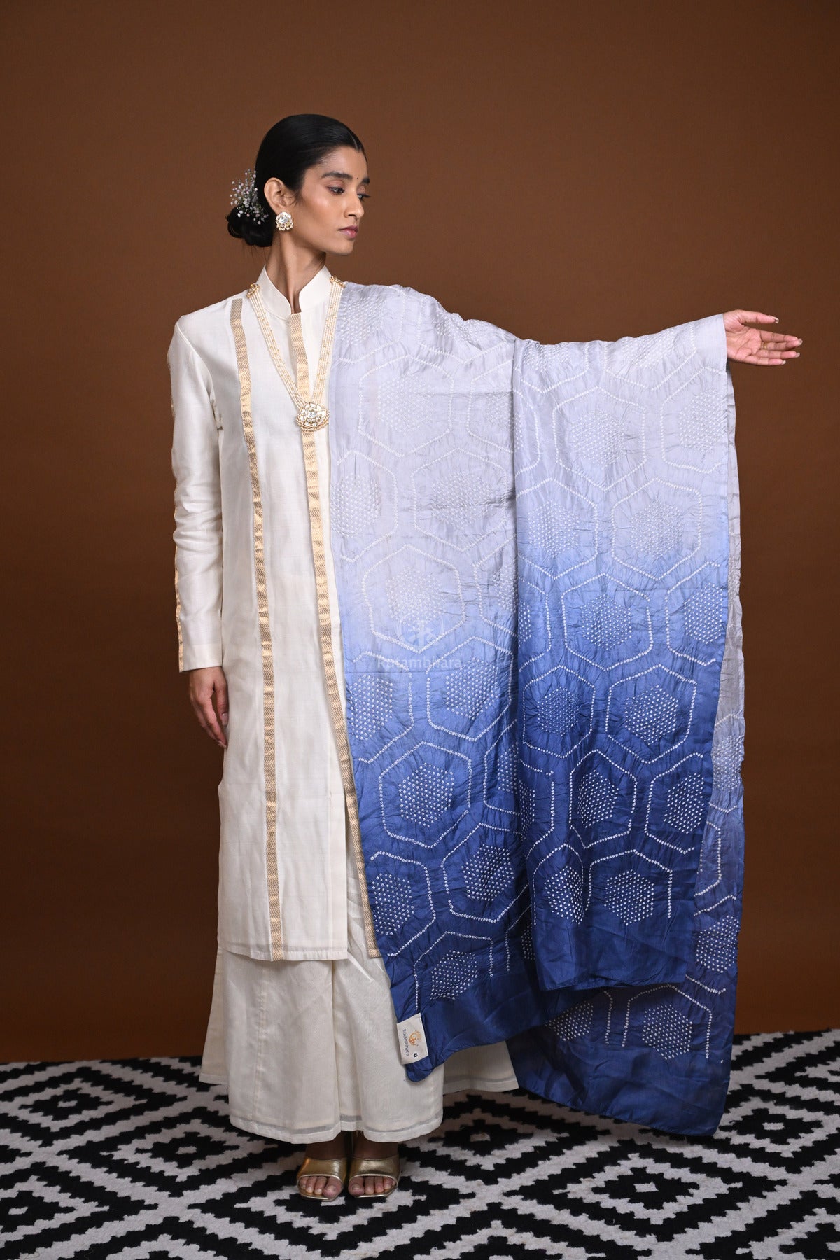 BUSHRA -  INDIGO BLUE RAI BANDHEJ SILK DUPATTA