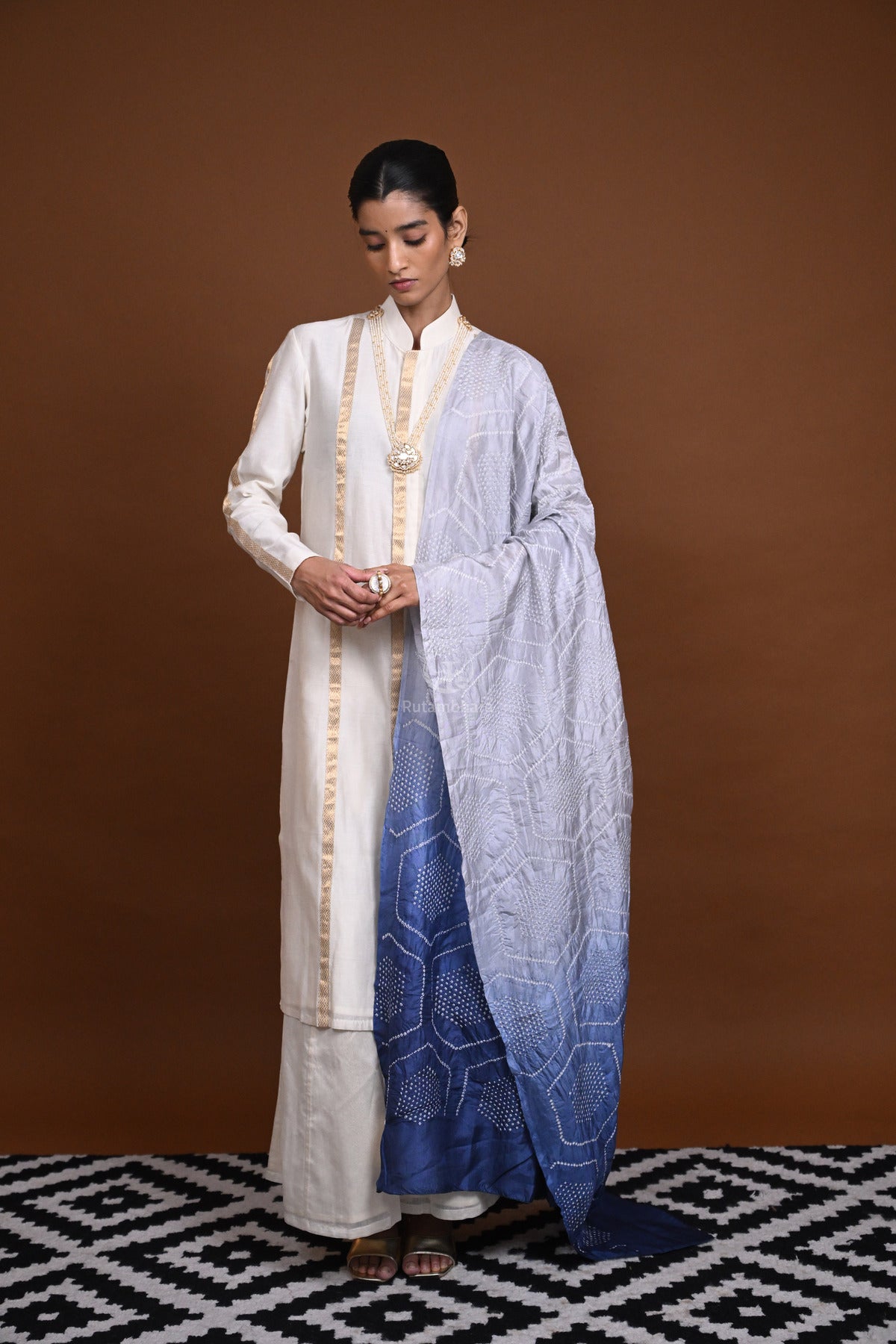 BUSHRA -  INDIGO BLUE RAI BANDHEJ SILK DUPATTA