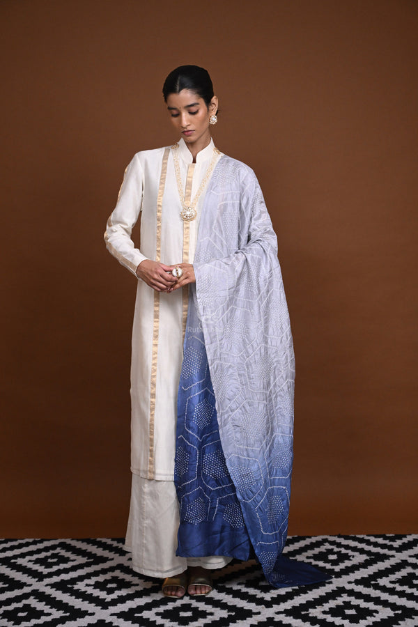 BUSHRA - INDIGO BLUE RAI BANDHEJ SILK DUPATTA-Rutambhara-RUTAMBHARA