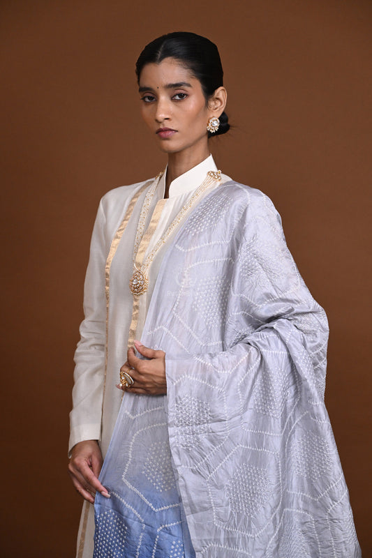 BUSHRA -  INDIGO BLUE RAI BANDHEJ SILK DUPATTA