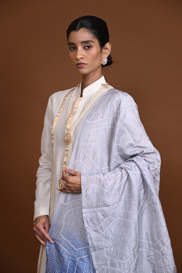 BUSHRA - INDIGO BLUE RAI BANDHEJ SILK DUPATTA-Rutambhara-RUTAMBHARA