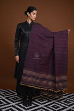 Jessal - Maroonish Blue Handwoven silk woollen shawl with traditional motifs-Rutambhara-RUTAMBHARA