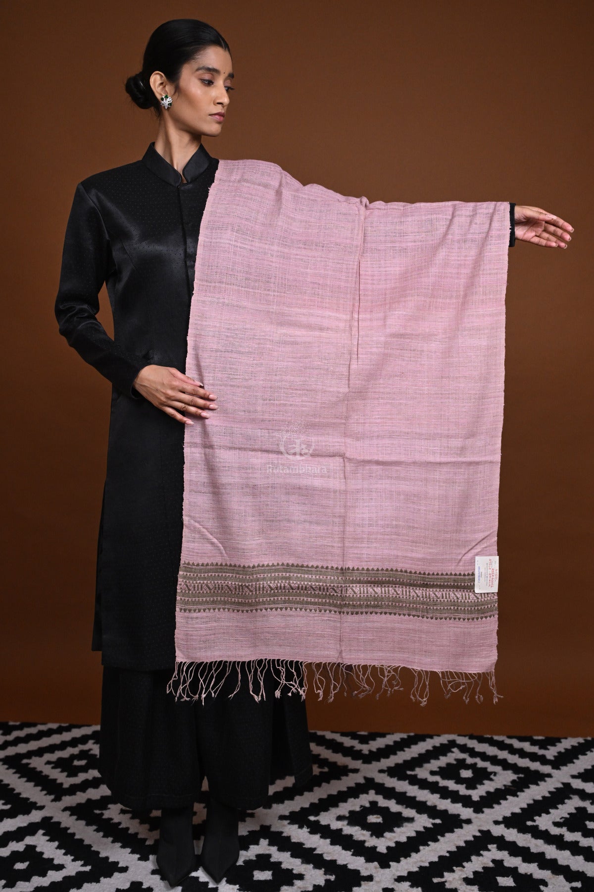 Meitei - Handwoven pastel pink and brown natural dyed Eri Silk stole-Rutambhara-RUTAMBHARA