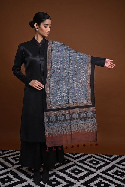 Ushraa - Blue Handblock printed Ajrakh Chanderi Stole-Rutambhara-RUTAMBHARA