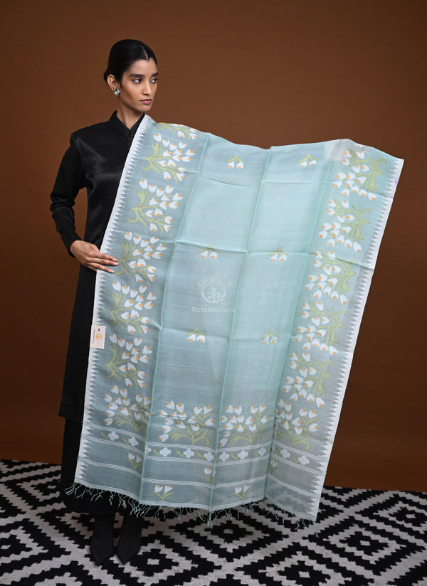Meitei - Handwoven Aqua Green Silk dupatta with Extra weft motifs-Rutambhara-RUTAMBHARA