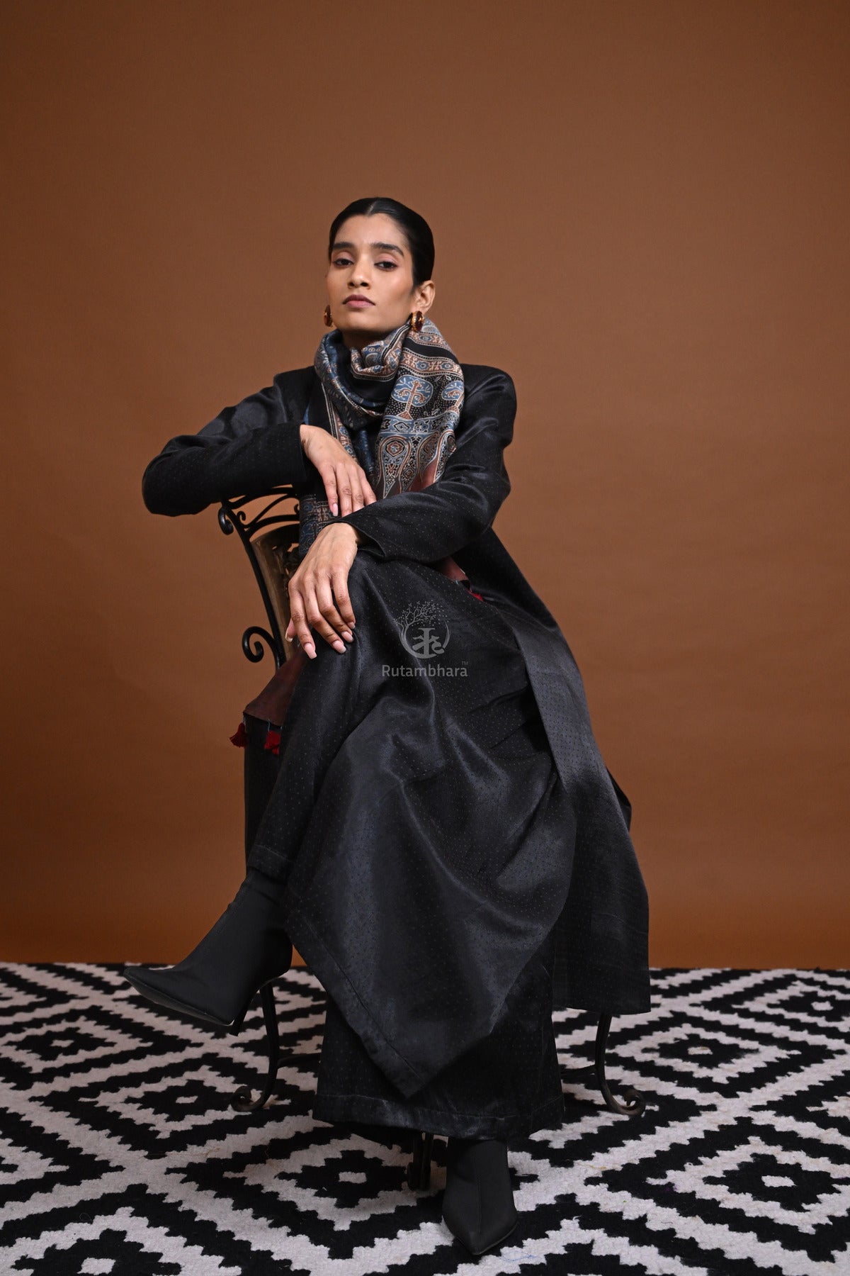 Ushraa - Blue Handblock printed Ajrakh Chanderi Stole-Rutambhara-RUTAMBHARA